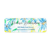 青と黄色の水色の花の差出人住所 ラベル (正面)