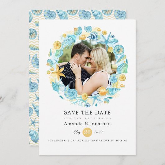 青と黄色の海の生き物の結婚式写真 セーブザデート (正面/裏面)