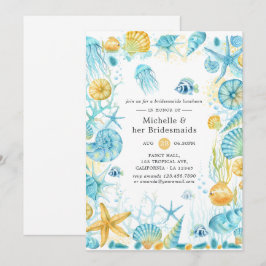 青と黄色の海の生き物の花嫁の友人たちとの昼食会 招待状