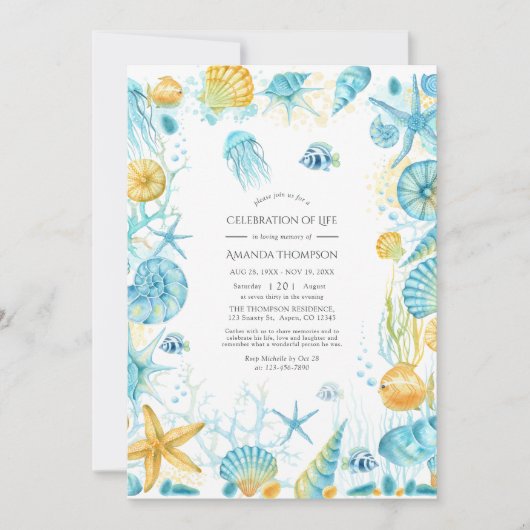 青と黄色の海の生活お祝いの写真 招待状 (正面)