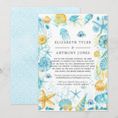 青と黄色の海の生物 縮小された結婚式のゲスト ブルーとイエローの海の生物 縮小された結婚式のゲスト 案内状 (正面/裏面)