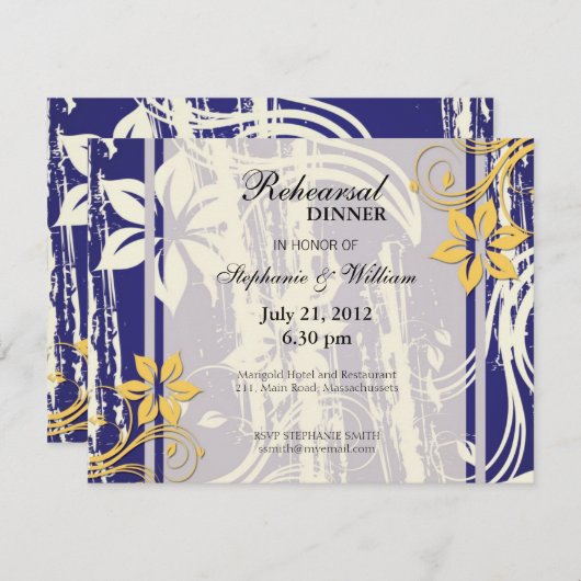青と黄色の渦巻きリハーサルのディナーカード 招待状 (正面/裏面)