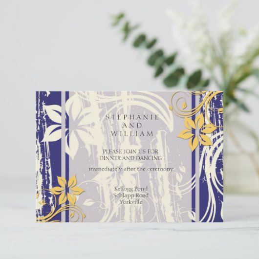 青と黄色の渦巻き式のウェディングレセプションカード 招待状 (スタンド正面)