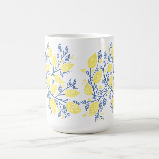 青と黄色の爽やかなレモンつる植物 コーヒーマグカップ (中央)