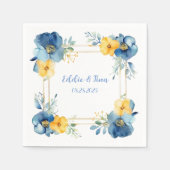 青と黄色の牡丹の広場のフローラ結婚 スタンダードカクテルナプキン (正面)