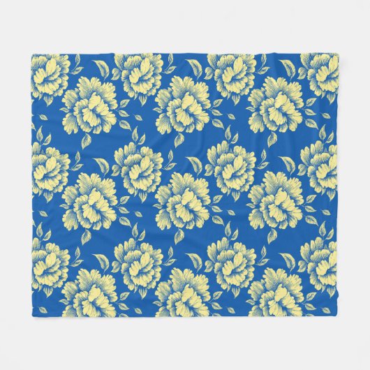 青と黄色の牡丹トイル – フランスのカントリーデコール フリースブランケット (正面(横))