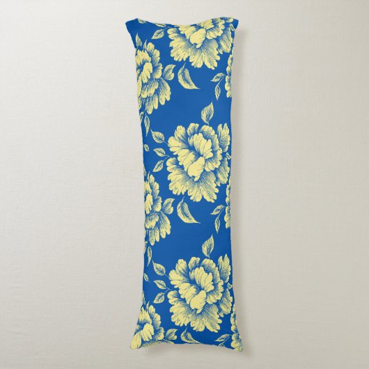 青と黄色の牡丹トイル – フランスのカントリーデコール ボディピロー (正面縦)