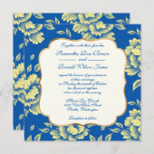 青と黄色の牡丹トイル – フランスのカントリーデコール 招待状 (正面/裏面)