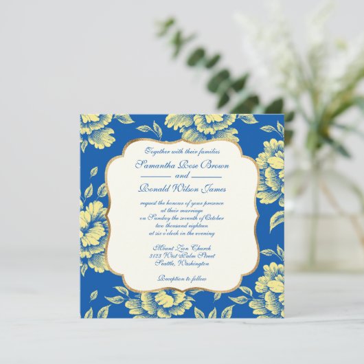 青と黄色の牡丹トイル – フランスのカントリーデコール 招待状 (スタンド正面)