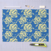 青と黄色の牡丹トイル – フランスのカントリーデコール 薄葉紙 (クラフト)