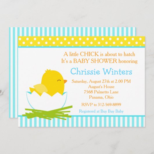 青と黄色の男の子のシック赤ちゃんシャワー 招待状 (正面/裏面)