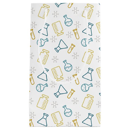 青と黄色の科学アイコンを持つ抱き枕 スモールペーパーバッグ (正面)