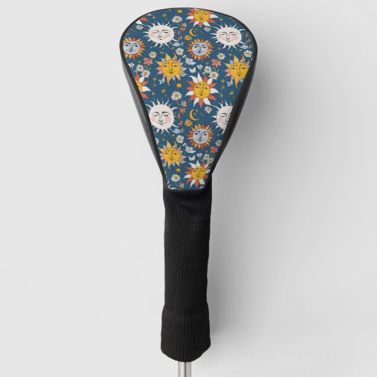 青と黄色の花と太陽と月 ゴルフヘッドカバー (正面)