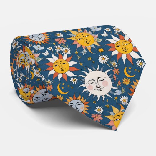 青と黄色の花と太陽と月 ネクタイ (ロール)
