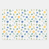 青と黄色の花と葉の模様 ラッピングペーパーシート (正面)