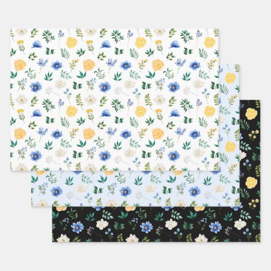 青と黄色の花と葉の模様 ラッピングペーパーシート (セット)