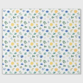 青と黄色の花と葉の模様 ラッピングペーパー (フラット)