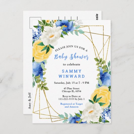 青と黄色の花と葉の赤ちゃんシャワー ポストカード (正面/裏面)