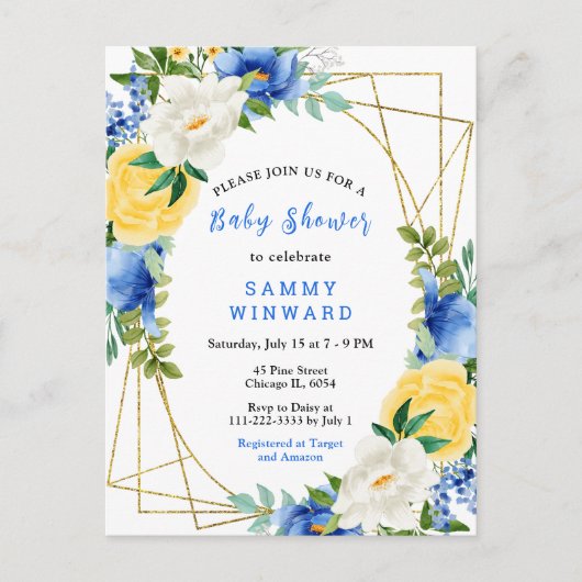 青と黄色の花と葉の赤ちゃんシャワー ポストカード (正面)