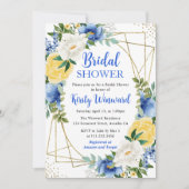 青と黄色の花と金ゴールドフレームブライダルシャワー 招待状 (正面)