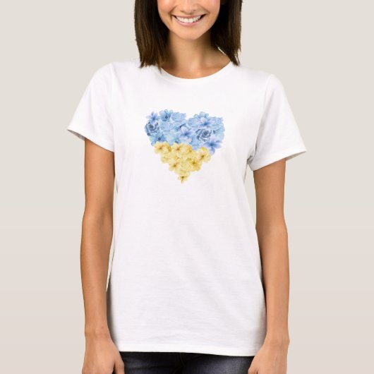 青と黄色の花のハート。ウクレナン国旗 Tシャツ (正面)