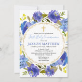 青と黄色の花のファーストホーリーコミュニオン 招待状 (正面)