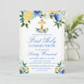 青と黄色の花のファーストホーリーコミュニオン 招待状 (スタンド正面)