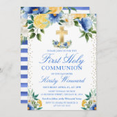 青と黄色の花のファーストホーリーコミュニオン 招待状 (正面/裏面)