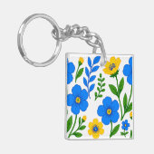 青と黄色の花のボタニカルデザイン キーホルダー (正面左)