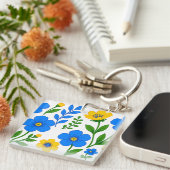 青と黄色の花のボタニカルデザイン キーホルダー (正面右)