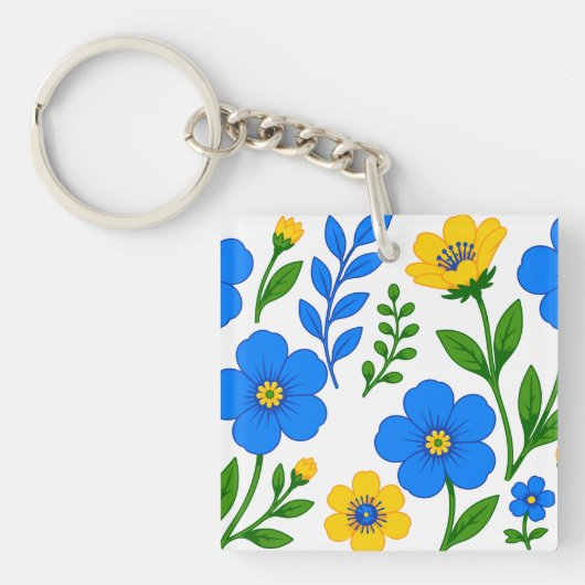 青と黄色の花のボタニカルデザイン キーホルダー (正面)
