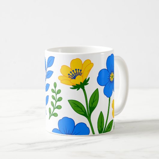 青と黄色の花のボタニカルデザイン コーヒーマグカップ (正面右)