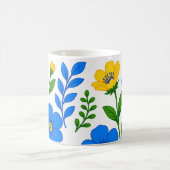 青と黄色の花のボタニカルデザイン コーヒーマグカップ (中央)