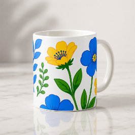 青と黄色の花のボタニカルデザイン コーヒーマグカップ
