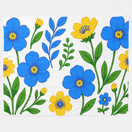 青と黄色の花のボタニカルデザイン フリースブランケット