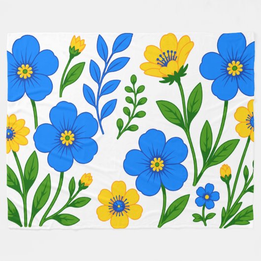 青と黄色の花のボタニカルデザイン フリースブランケット (正面(横))