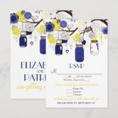 青と黄色の花のマスンジャー 結婚式の招待状 出欠カード (正面/裏面)