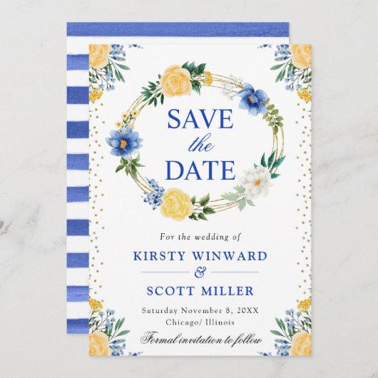 青と黄色の花のリースの結婚式 セーブザデート (正面/裏面)
