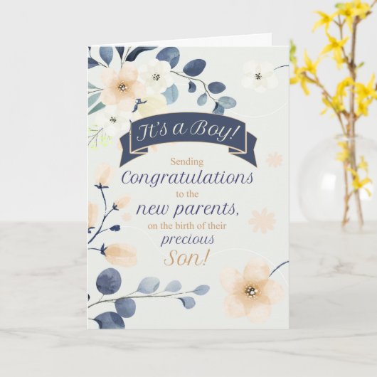 青と黄色の花の新生児おめでとう カード (黄色い花)