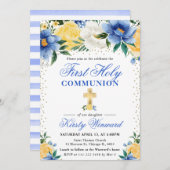 青と黄色の花の最初の聖餐式 招待状 (正面/裏面)