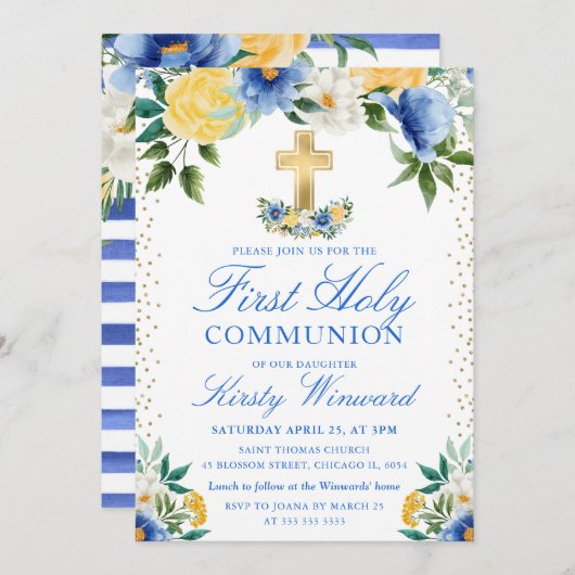 青と黄色の花の最初の聖餐式 招待状 (正面/裏面)