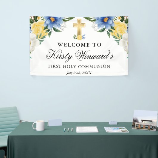 青と黄色の花の最初の聖餐式 横断幕 (トレードショー)
