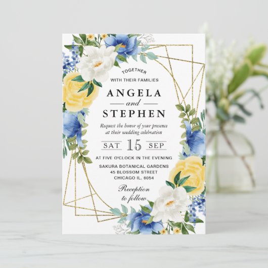 青と黄色の花の金ゴールド結婚枠 招待状 (スタンド正面)