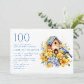 青と黄色の花の鳥の巣箱 100歳の誕生日 招待状 (スタンド正面)