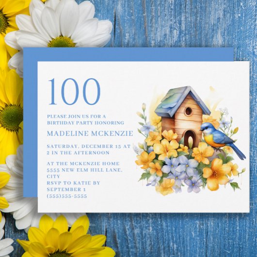青と黄色の花の鳥の巣箱 100歳の誕生日 招待状