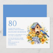 青と黄色の花の鳥の巣箱 80歳の誕生日 招待状 (正面/裏面)