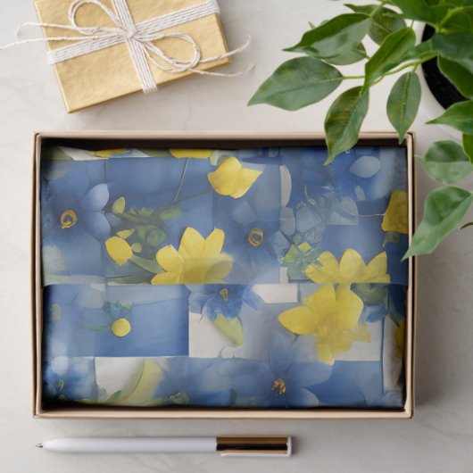 青と黄色の花を持つ青と白のギンガム 薄葉紙 (ギフト)