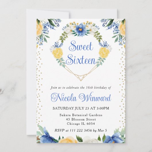 青と黄色の花ハートリーススイート16 招待状 (正面)