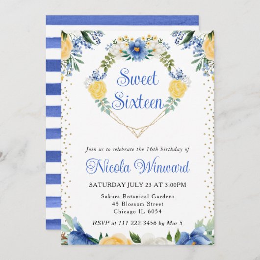 青と黄色の花ハートリーススイート16 招待状 (正面/裏面)