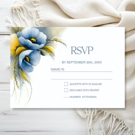 青と黄色の花柄の結婚式RSVP 出欠カード